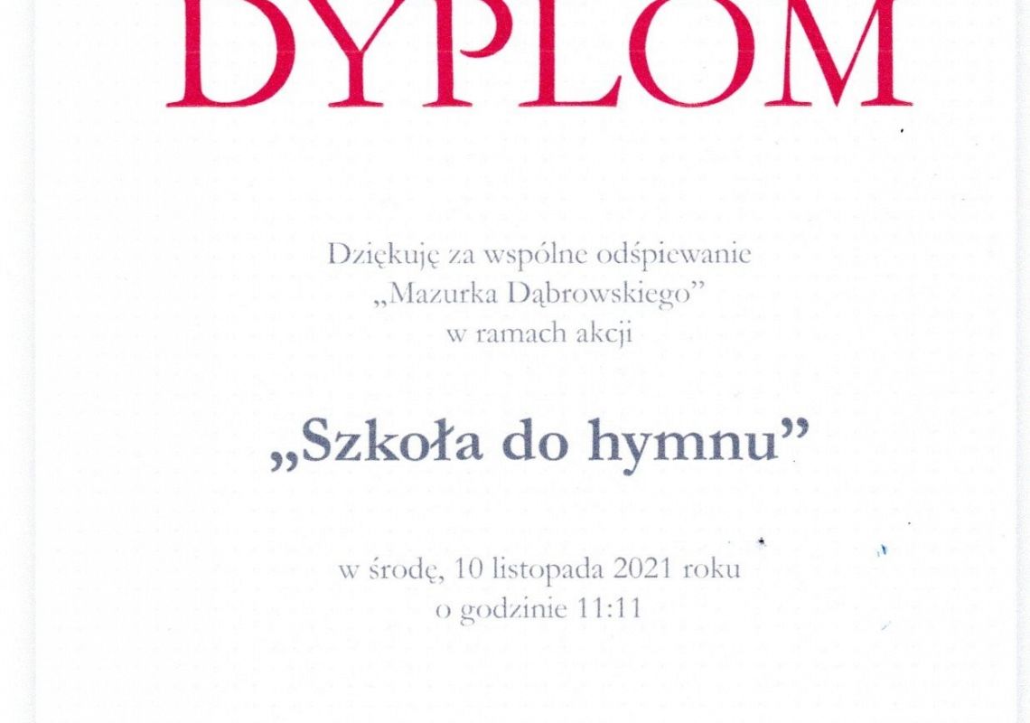 Dyplom za udział w akcji Szkoła do hymnu