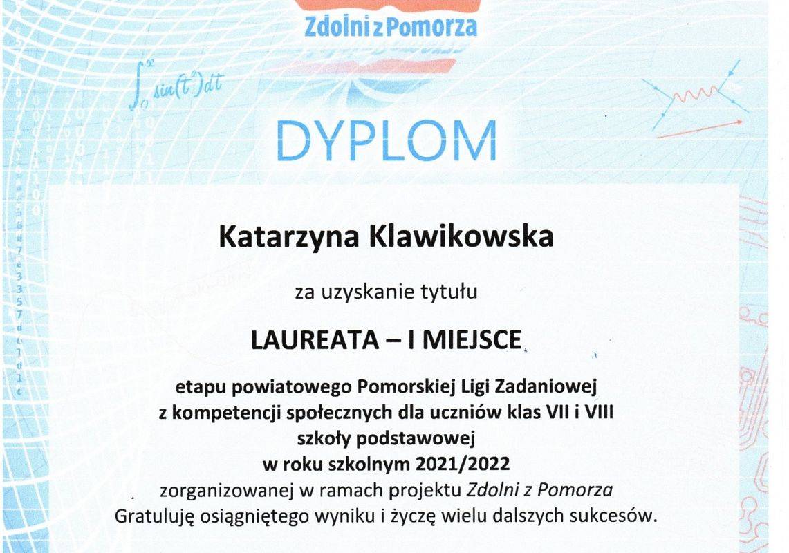 Dyplom Katarzyny Klawikowskiej za uzyskanie tytułu laureata