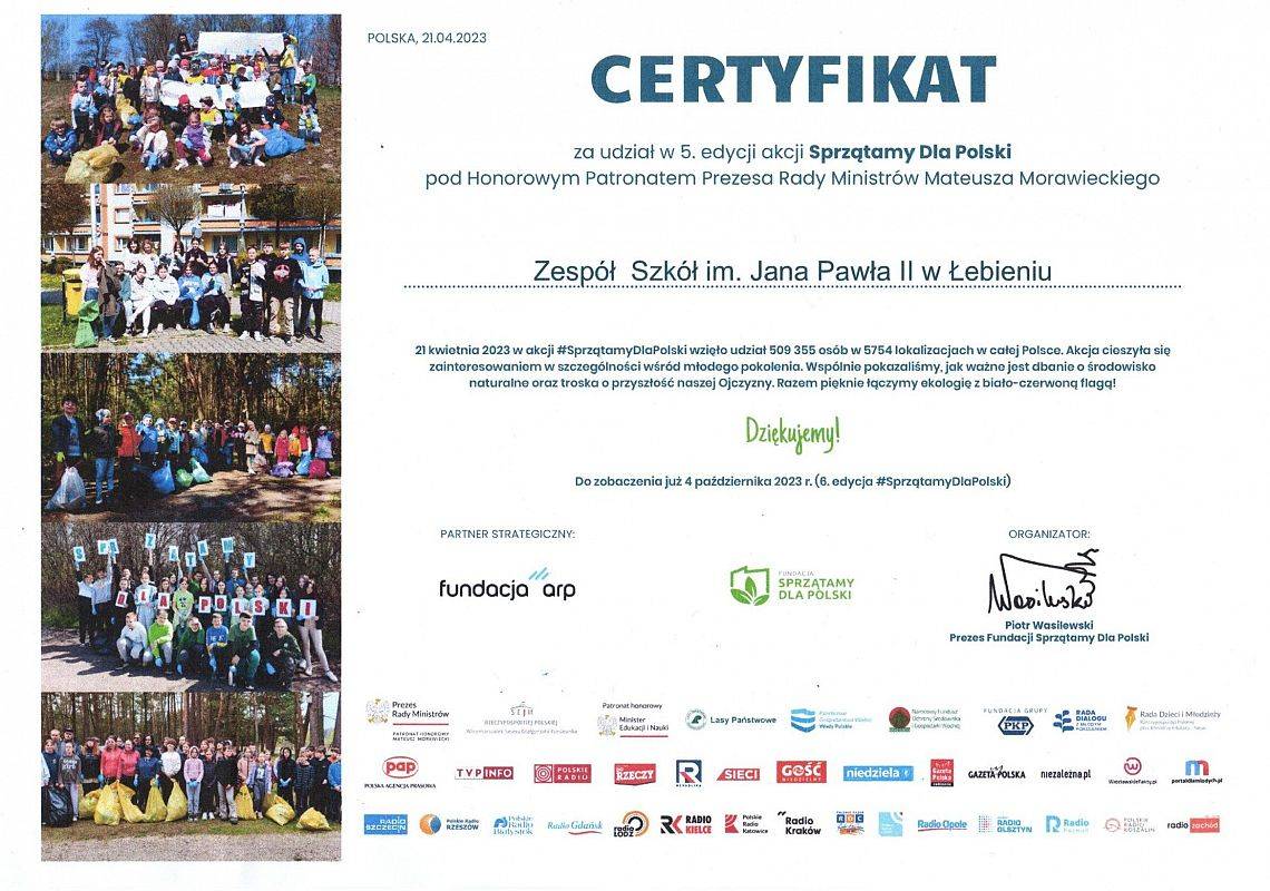 Certyfikat za udział w piątej edycji akcji "Sprzątamy Dla Polski"
