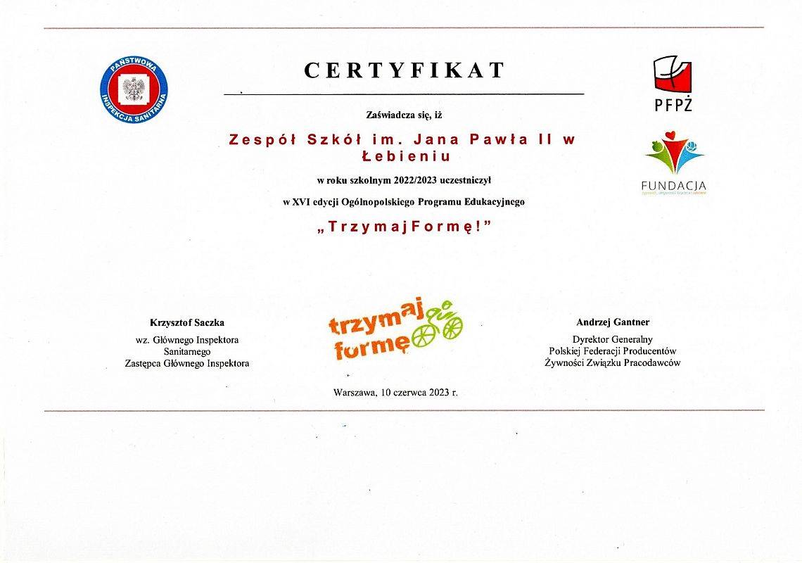 "Trzymaj Formę" - certyfikat