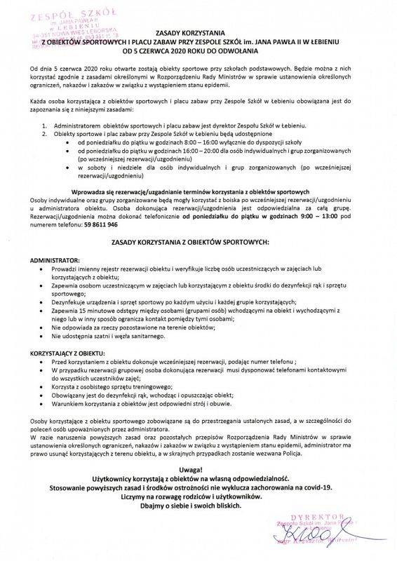 Grafika #0: ZASADY KORZYSTANIA Z OBIEKTÓW SPORTOWYCH I PLACU ZABAW PRZY ZESPOLE SZKÓŁ im. JANA PAWŁA II W ŁEBIENIU OD 5 CZERWCA 2020 ROKU DO ODWOŁANIA