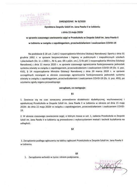 Grafika #0: Zarządzenie w sprawie czasowego zawieszenia zajęć w Przedszkolu w Łebieniu