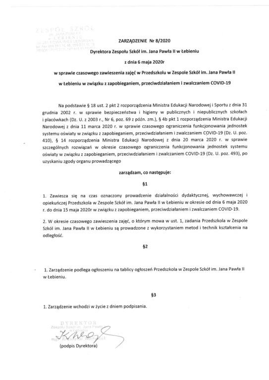 Grafika #0: Zarządzenie w sprawie czasowego zawieszenia zajęć w Przedszkolu w Łebieniu