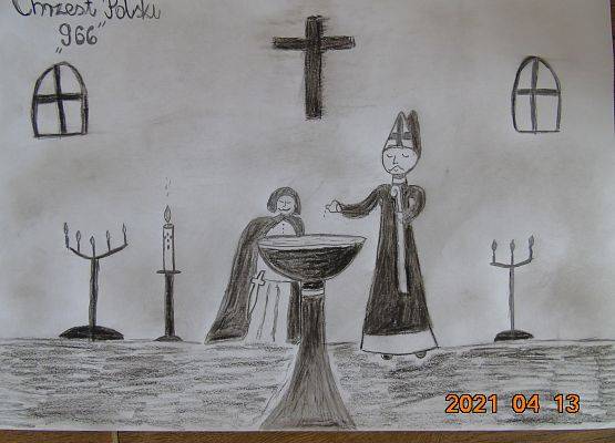 Praca plastyczna ucznia "Chrzest Polski"