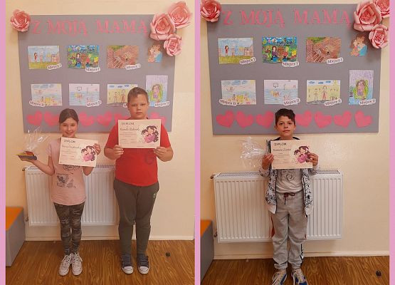 Uczniowie z dyplomem i nagrodami