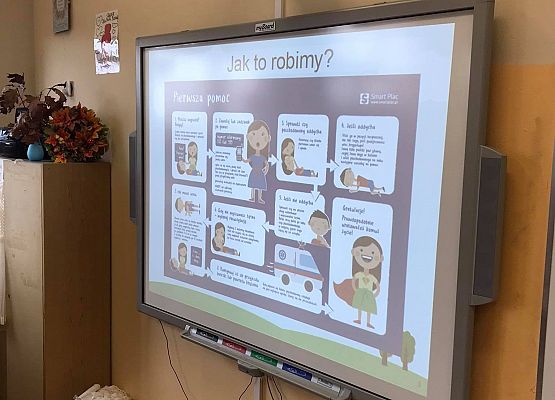 Na tablicy interaktywnej wyświetla się instrukcja co należy robić w przypadku zagrożenia życia lub zdrowia.