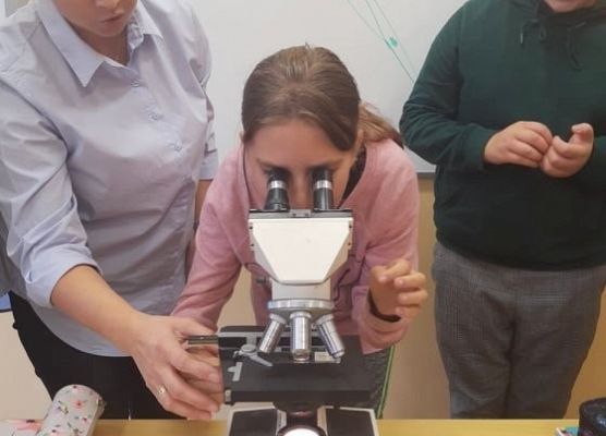 Uczennica prowadzi obserwację mikroskopową