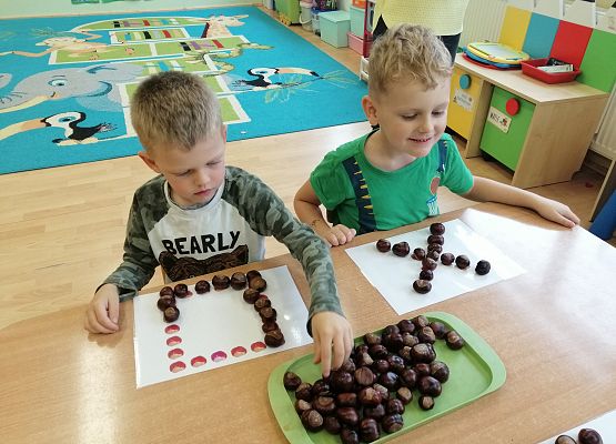 Chłopcy układają kasztany