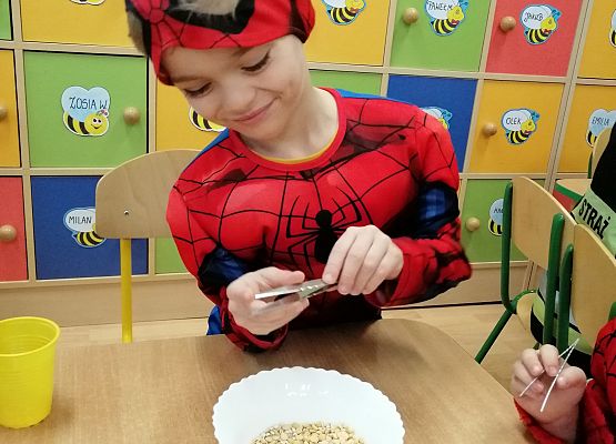 Chłopiec za pomocą pęsety przenosi groszki z miski do kubka