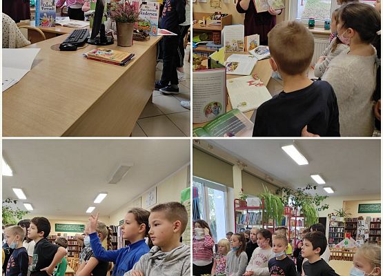 Uczniowie stoją i słuchają pani w bibliotece