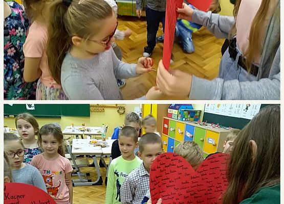 Uczniowie przebijają szpilką papierowe serce