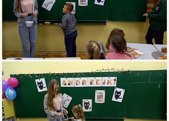 Uczniowie stoją przy tablicy