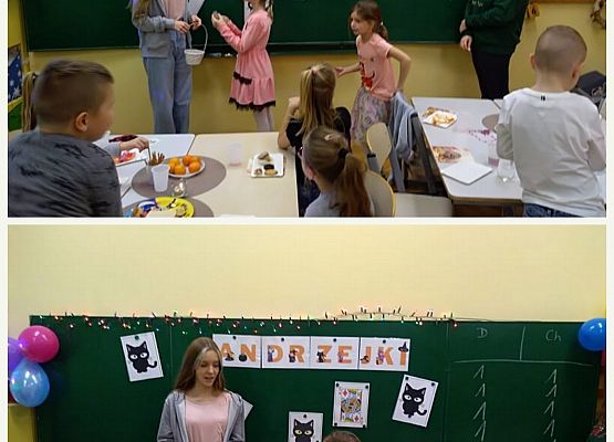 Uczniowie stoją przy tablicy