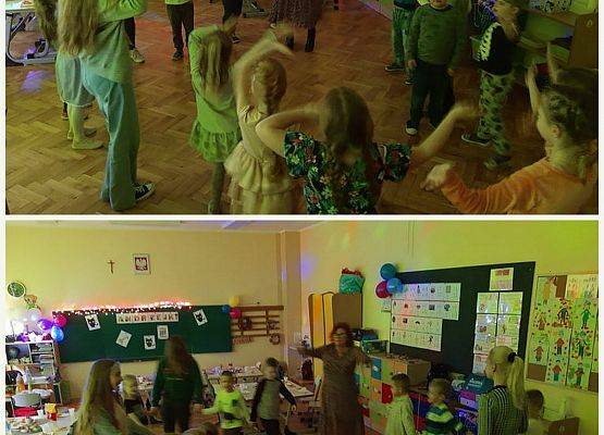 Dzieci i panie nauczycielki tańczą podczas zabawy