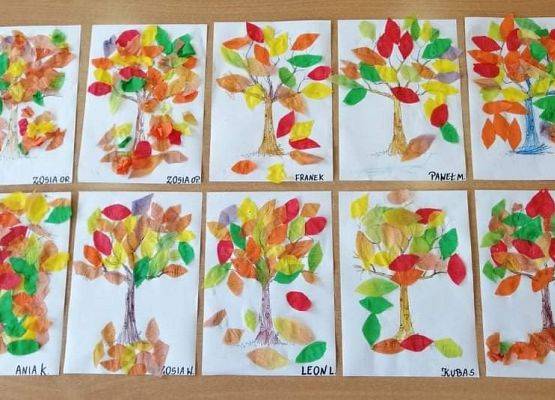 Prace plastyczne dzieci na których są kolorowe drzewka