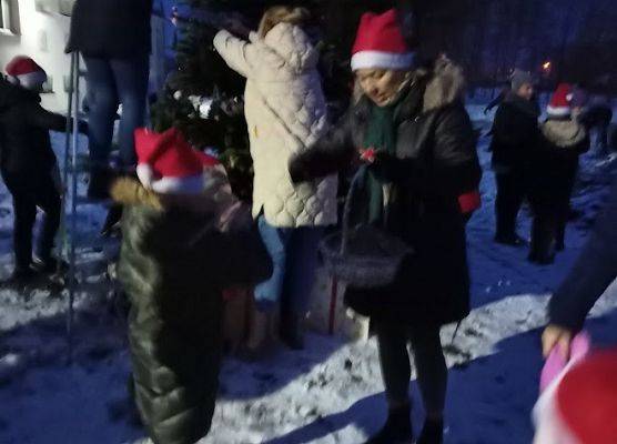 Grupa ludzi wspólnie ubiera choinkę