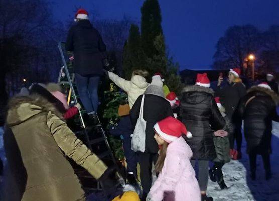 Grupa ludzi wspólnie ubiera choinkę