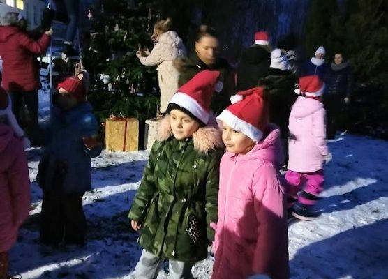 Grupa ludzi wspólnie ubiera choinkę