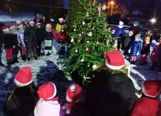 Grupa osób ustawiona w kręgu wokół choinki