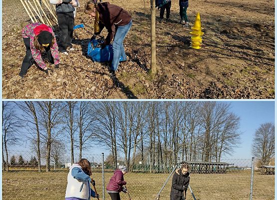 Uczniowie porządkują sad