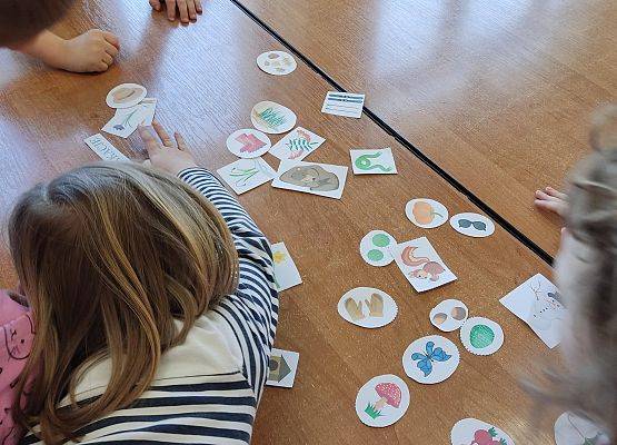 Dzieci pracują w grupie i układają obrazki tworząc zbiory