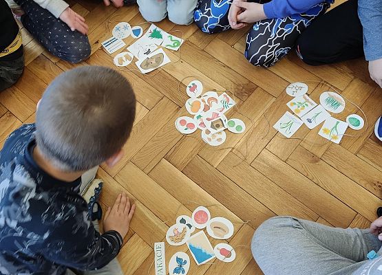 Dzieci układają karty na podłodze tworząc zbiory