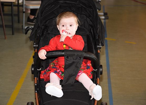 Dziewczynka w czerwonej sukience siedzi w wózku