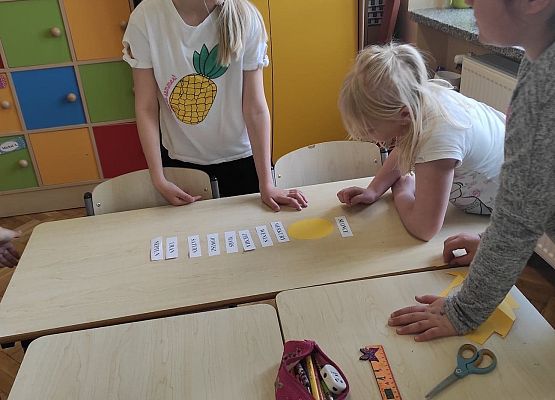 Uczennice układają  w kolejności nazwy planet