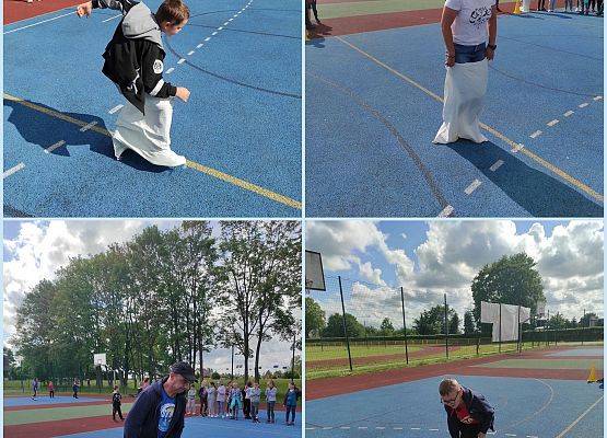 Uczniowie skaczą w workach