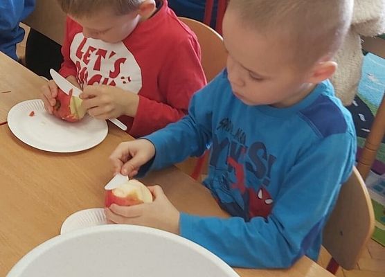 Chłopiec trzyma część jabłka