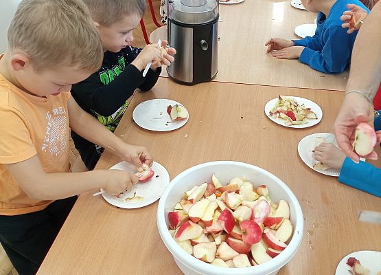 Dzieci przygotowują owoce do zrobienia soku