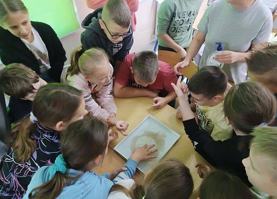 Dzieci wykonują eksperyment z wodą, mydłem i pieprzem