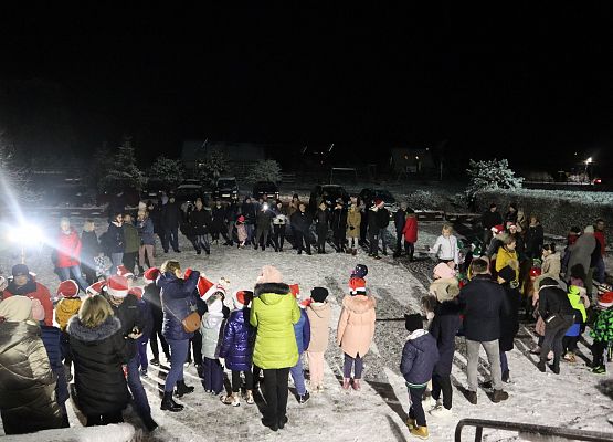 Zgromadzeni uczestnicy wspólnego ubierania choinki stoją w kole