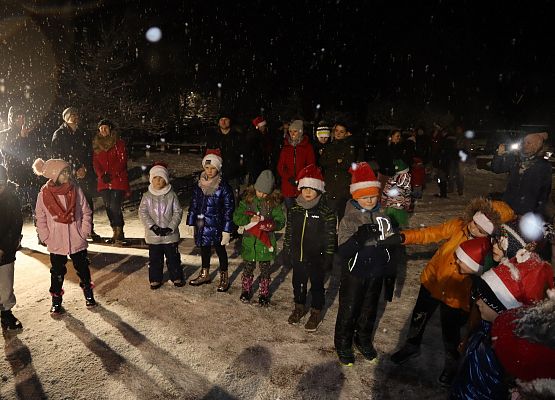 Zgromadzeni uczestnicy wspólnego ubierania choinki