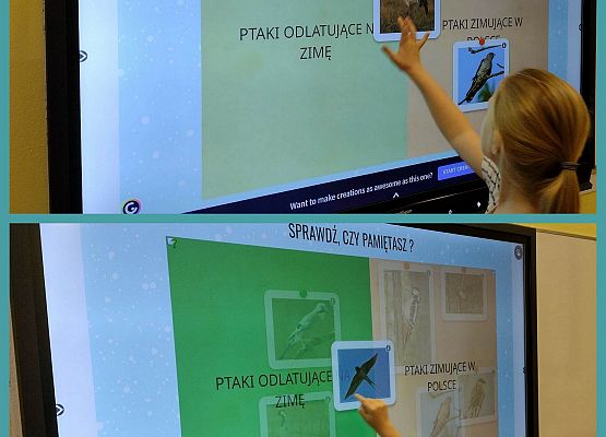 uczennica wykonuje ćwiczenie na tablicy multimedialnej