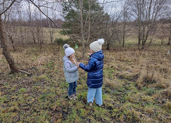 uczennice zawieszają na gałęzi pokarm dla ptaków