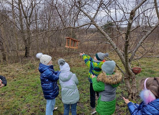 uczniowie stoją przy karmniku dla ptaków