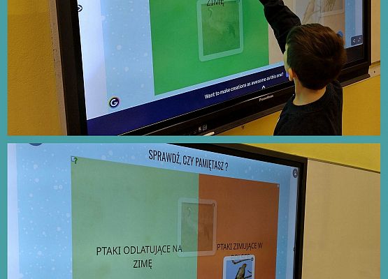 uczniowie wykonują zadania na tablicy multimedialnej