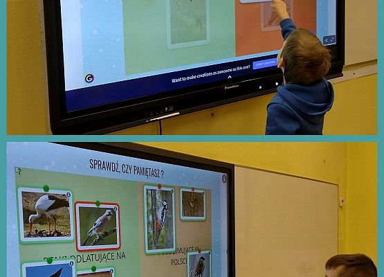 uczniowie wykonują zadania na tablicy multimedialnej