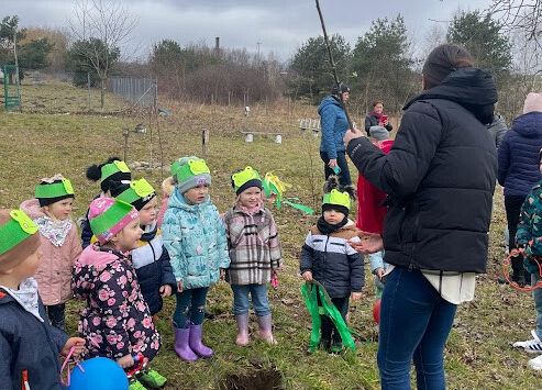 dzieci stoją w grupie i obserwują drzewko