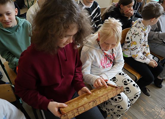 uczennica ogląda ramkę pszczelarską