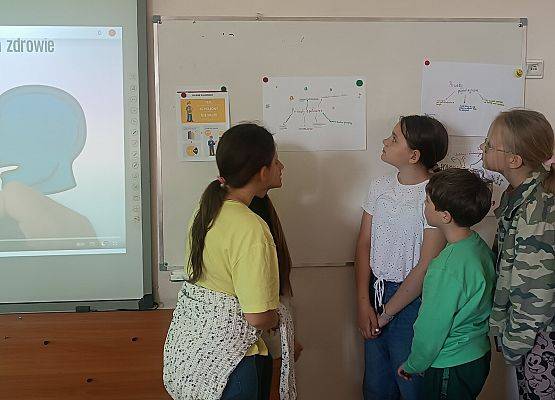 uczniowie w grupie omawiają swoją pracę