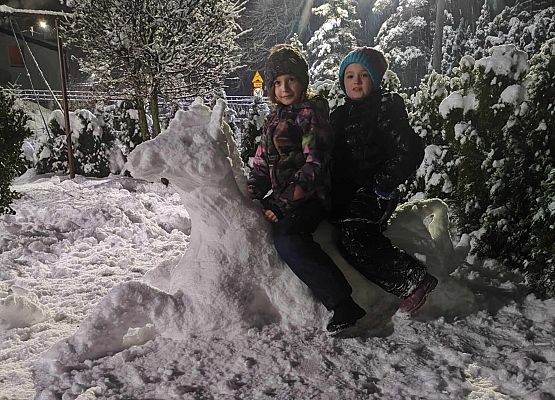 dzieci siedzą na śnieżnym koniku