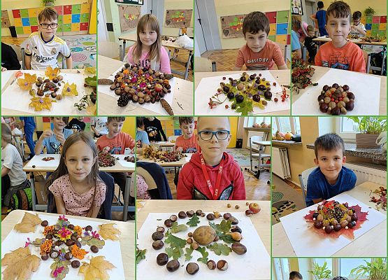 kolaż, na którym uczniowie prezentują swoje mandale