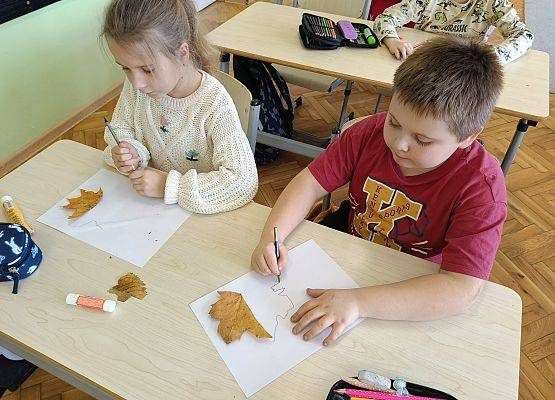 uczniowie rysują brakujące części liścia