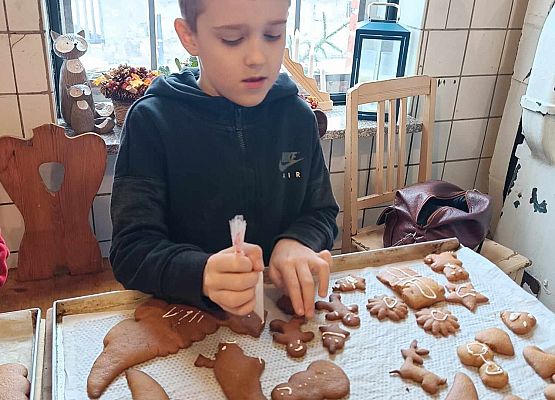 chłopiec dekoruje pierniczki
