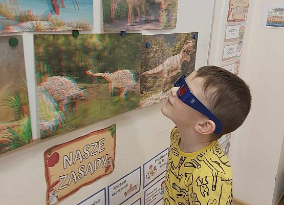 chłopiec ogląda ilustracje dinozaurów