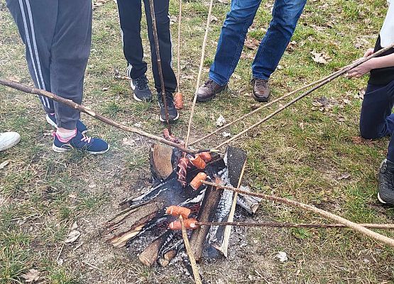 uczniowie pieką kiełbaski nad ogniskiem