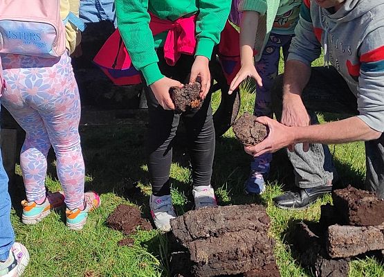 uczniowie układają torf