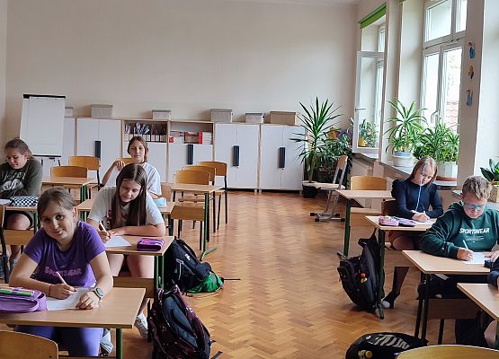 uczniowie siedzą w ławkach podczas zajęć